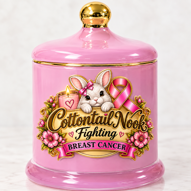Pink Cottontail Nook breast cancer awareness candle vessel with gold rim and matching lid