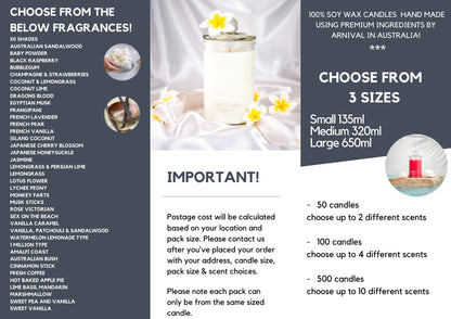 WHOLESALE, soy candles in three different sizes perfect for: Wedding bonbonniere, markets, gift baskets, party favours, functions